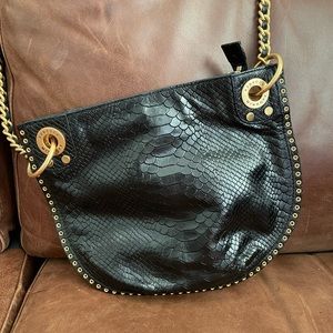 Like-new black faux snakeskin Rebecca Minkoff bag with long gold and black chain
